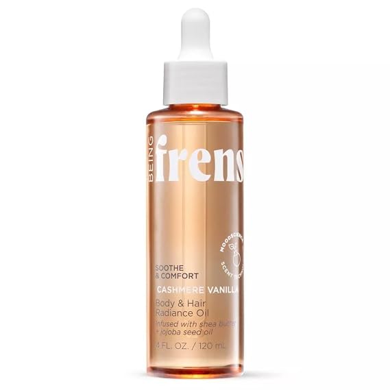 Being frenshe Cashmere Vanilla BODY AND HAIR RADIANCE OIL | Shea Butter with Jojoba and Radiance Oil for Dry Skin & Hair |  With Makeup Removal Pads Gift
