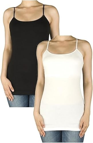 Fashiondio Women Basic Built in Inner Bra Extra Long Spaghetti Cami Adjustable (Large, Black, White)