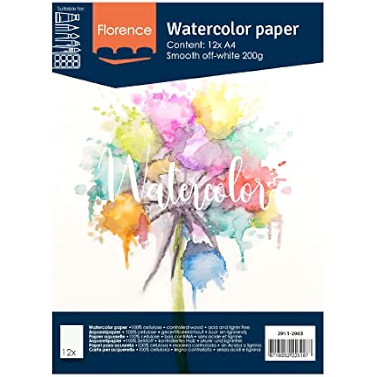 Vaessen Creative Florence Aquarellpapier A4 in Elfenbein Wei, aus 200 gm2 Glattem Papier, 12 Blatt fur Aquarellmalerei, Handlettering und Brush Lettering