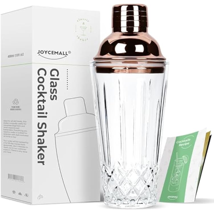 14.5 oz Glass Cocktail Shaker Set - Cut Crystal Bartender Shaker with Stainless Sealing Steel Cap & Built - in Strainer, Professional Bartending Kit for Homebar, Birthday, Holiday - Rosegold