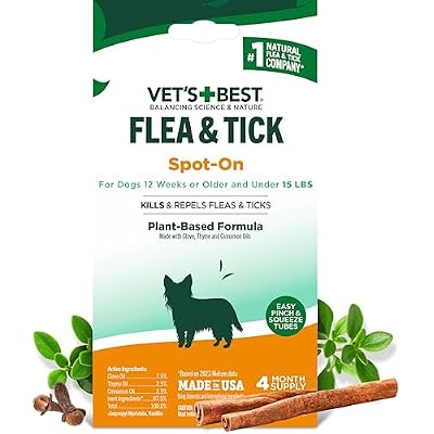 Vets Best Natural Flea and Tick Drops for Small Dogs, Plant-Based Spot-On Treatment with Certified Essential Oils, Topical Flea and Tick Prevention and Control, Natural Pest Care, 4 Month Supply