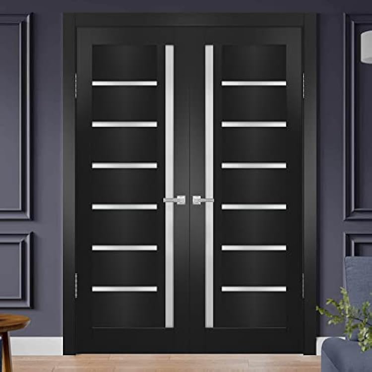 SARTODOORS Quadro 4088 Interior Doors 48 x 80 in, Black Matte Frosted Glass Solid French Double Door, Solid MDF Core, Frame and Satin Nickel Hardware Included