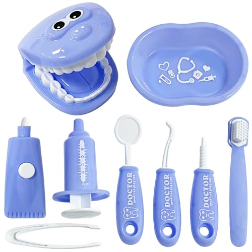 9-Piece Dental Pretend Play Set, Educational Dentist Play Kit with Teeth Model, Toothbrush, Dental Mirror, Syringe, Toothpaste, Tray, and Dental Tools, Fun Pretend Play Doctor Kit for Kids Purple