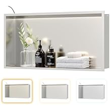 Brushed LED Shower Niche,24"X12" Wall Niche, with 3-CCT COB LED Strip Light Waterproof No Tile Need Stainless Steel Recessed Wall Cabinet for Bathroom Storage