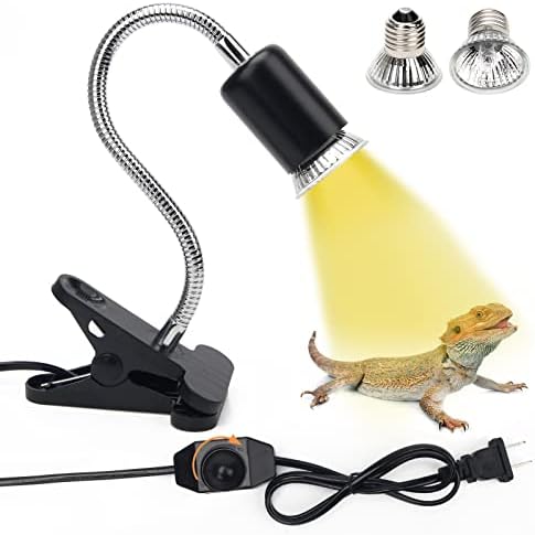 50W Reptile Heat Lamps, UVA UVB Reptile Light with 2 Heat Bulbs, 360Rotatable Clips Adjustable Switch Heat Lamp for Turtle Lizard Snake Aquarium Amphibian Yellow Light