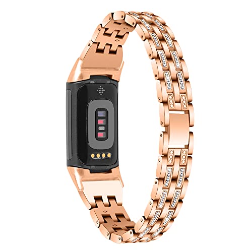 Bling Metal Bands Compatible with Fitbit Charge 6 Bands for Women,Dressy Strap Jewelry Diamond Rhinestone Crystal Replacement Charge 6 Watch Bracelet Wrist Band