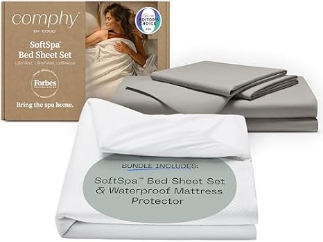 Coop Home Goods Comphy SoftSpa Bed Sheet Set Dove Grey and Ultra-Tech Waterproof Mattress Protector Full Bundle