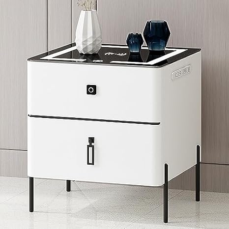 Smart Nightstand with Drawer, Side Tables Bedroom, Nightstand with Charging Station, Modern Nightstand, Fingerprint Unlock,A-2 Layer-50cm/19.7in