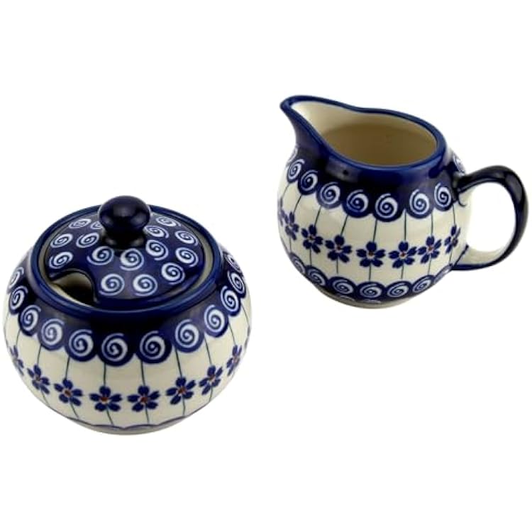 Polish Pottery Market Sugar Bowl with Lid and Creamer Set - 10 Oz. Sugar Bowl & 9 Oz. Cream Pitcher -Hand-painted Stoneware by Zaklady Boleslawiec Poland
