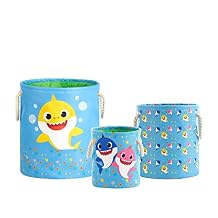 Baby Shark 3 Piece Multi Size Fabric Nestable Toy Storage Basket Set, with Rope Carry Handles