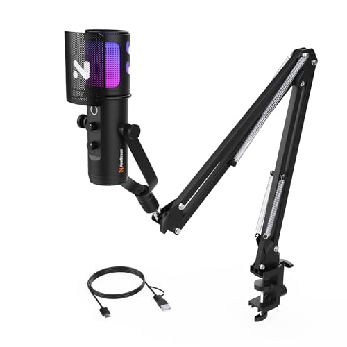 NearStream RGB Gaming Microphone for PC with Noise CancelingMonitorMuteGainRemovable Pop Filter, USB Condenser Mic with Boom Arm for StreamPodcastTwitchDiscordYouTubePS4PS5AM30U