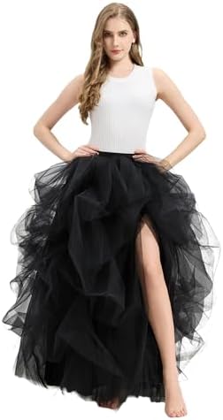 Womens Black Long Tulle Maxi Skirt with Slit Super Fluffy Bustle Tutu for Prom Ball Party Night Out YSK508