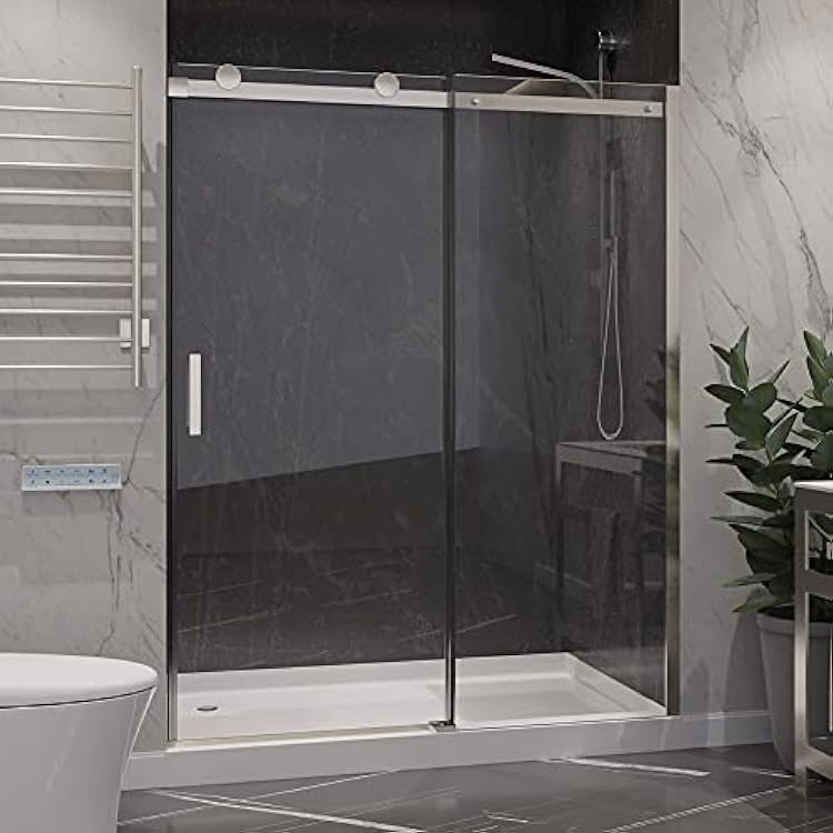 ANZZI 76 x 60 Frameless Shower Door in Brushed Nickel, Rhodes Water Repellent Glass Shower Door with Seal Strip Parts and Handle, Easy Glide Rollers Sliding Shower Door SD-FRLS05702BN