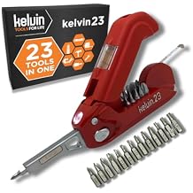 Kelvin Tools Kelvin 23 Urban Multi Tool Screwdriver Set All in One with 16 Bit Set, Tape Measure, Liquid Level, Hammer, Flashlight Multibit Pocket Screwdriver, Universal Precision Screwdriver - Red