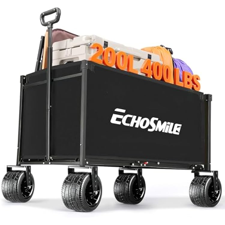 EchoSmile Collapsible Wagon Cart for Camping & Beach - Heavy Duty 400lbs Capacity All-Terrain Cart with Wide Wheels, Portable Folding Utility Wagon for Grocery, Garden, Sports,Black