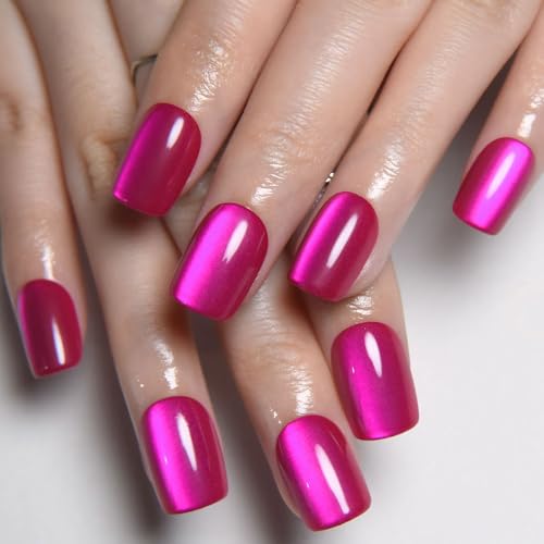 evpct Hot Pink Cat Eye Short Square Press on Nails for Women, Rose Red Short Square No Glue Stick on Nails with Cat Eye Design, Metallic Glitter Glossy Soft Nail, Reusable Press on Acrylic Fake Nail