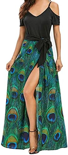 Women Summer Dresses Cold Shoulder V Neck Beach Sundress Peacock Feather Graphic Boho Dress Split Bowknot Maxi Skirt Green, Small