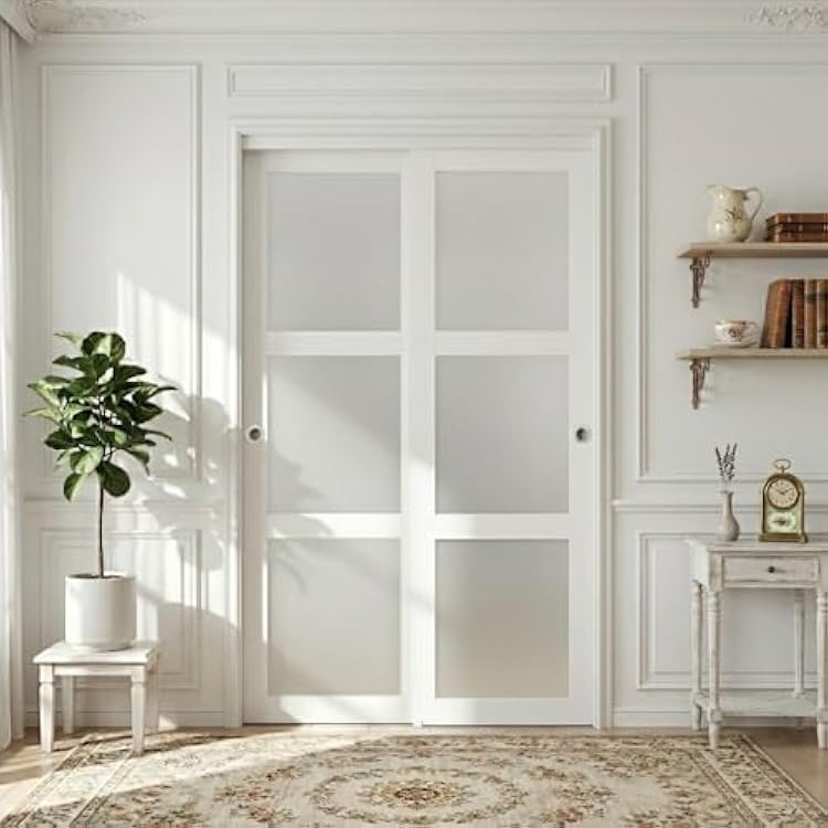 64 80 3 Lite Frosted Glass Sliding Closet Doors with Installation Hardware Kit