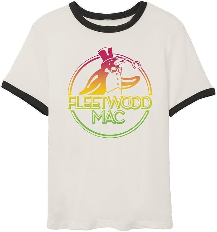 Fleetwood Mac Unisex Adult Fleetwood Mac Rainbow Penguin Unisex Short Sleeve Shirt, Off White W/Black Trim