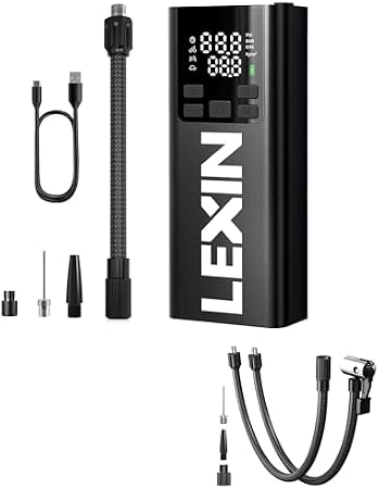 LEXIN P5 Tire Inflator Portable Air Compressor, 150PSI Electric Air Pump, with Digital Tire Pressure Gauge/LCD Display/LED Light for Motorcycle, Bike, Bundle with Tire Inflator Hose Extension, 1Pack