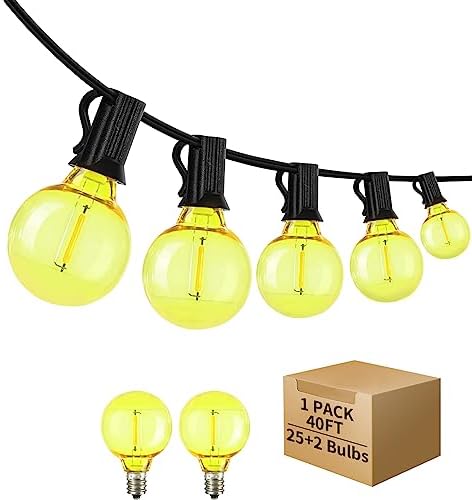 40 Feet LED Outdoor String Lights with 25 Sockets, Plug-in Patio String Lights Featuring 27 Shatterproof Yellow G40 Globe Bulbs Yellow G40