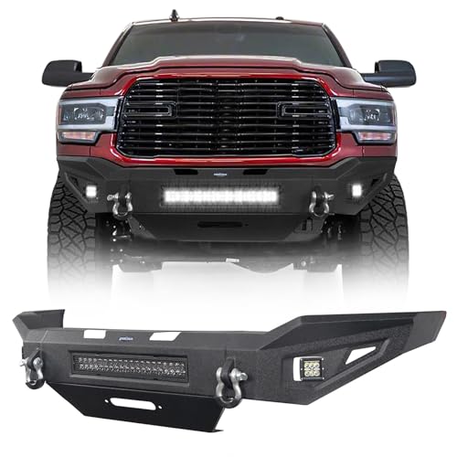 Hooke Road 19-24 Ram 2500 Front Bumper for 2019-2024 Dodge Ram 2500 3500 | Heavy Duty Full Width Steel Bumper with Winch Plate, Skid Plate & LED Light Bar | Direct Replacement Bumper Guard