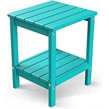 Adirondack-Outdoor-Side-Table | 14 x 13 Inches | HDPE Plastic | All Weather | Aqua | Outside End Tables | Storage Shelf | for Patio Porch Backyard Indoor