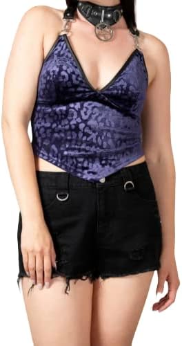 Killstar Alley Cat Plum Halter Top Shirt Velvet Leopard Leather V Hem-M