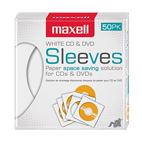 Maxell 190135 Protective Thin Clear Plastic Easy Storage CD & DVD Sleeves White 50 Pack Paper