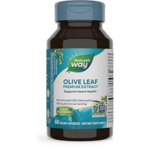 Natures Way Olive Leaf, Premium Extract, Supports Heart Health, 20% Oleuropein, 250 mg per serving, Non-GMO Project Verified, 60 Vegan Capsules Packaging May Vary