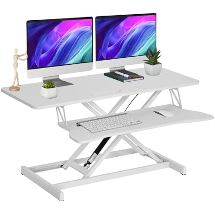 38-inch Standing Desk Converter Height Adjustable Sit to Stand Up Workstation, Duals Monitor and Laptop Riser with Wide Keyboard Tray, for Home, School, Company, White