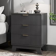 Fluted Nightstand, 24" Wide Side Table with 3 Large Storage Drawers, Mid Century Modern Wood Night Stand with Metal Handle, Wooden Bedside End Table for Bedroom, Living Room, Closet, Black