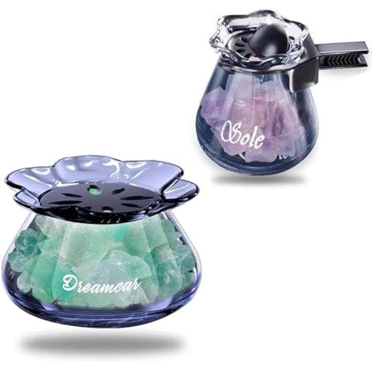 Car Diffuser Glass Bottles with Crystals Natural Stone for Spreading Essential Oils,Blue Lotus Design Glass jar as air freshener Vent Clip,car Vent Decor Accessories Green  Purple