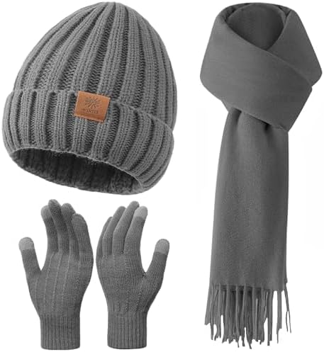 Women Winter Hat BeanieLong ScarfTouch Screen Gloves Set, Warm Clothes Set with Knit Fleece Lined for WomenMen Winter