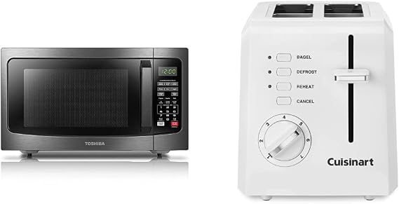 Toshiba EM131A5C-BS Microwave Oven with Smart Sensor, Easy Clean Interior, ECO Mode and Sound On/Off, 1.2 Cu Ft, Black Stainless Steel & Cuisinart CPT-122 Compact Plastic 2-Slice Toaster, White