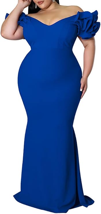 Plus Size Formal Maxi Dress for Women Elegant Ruffle Sleeve Backless V Neck Evening Party Floor Length Dresses