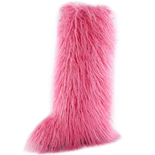 Valpeak Faux Fur Tall Furry Boots for Womens,Long Winter Boots for Girls,Mongolian Fluffy Boots for Kids Fuzzy Knee-High Boots