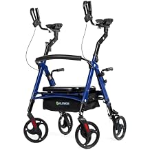 ELENKER Heavy Duty Upright Walker with Extra Wide Padded Seat and Backrest, Aluminum Bariatric Stand Up Rolling Walker, 10 Wheels, Fully Adjustment Frame, Support up to 500 lbs for Seniors, Blue