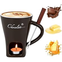 Sweet Fondue Cup for Chocolate Cheese Candy Butter - Chocolate Fondue Mug with Fork & 4 Candle, Mini Ceramic Chocolate Melting Cup, Personal Chocolate Melting Pot for Date Night Birthday (Coffee)