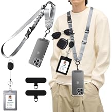 Phone Lanyard for iPhone 15 Pro Max Case Clear with Adjustable Crossbody Cell Phone Lanyard for iPhone with Phone Tethers Tab & ID Badge Holder Retractable Clip Gray