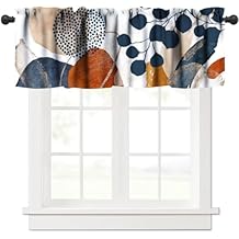 Abstract Leaves Valance, Boho Mid Century Blue Orange Modern Minimalist Art Print Blackout Short Curtain for Living Room Kitchen Bedroom, 54x18in