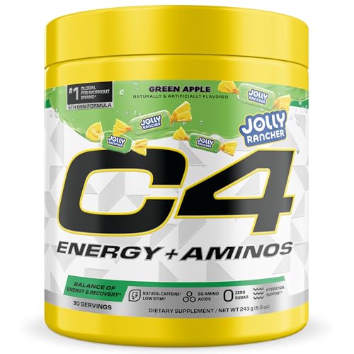 C4 Energy  Aminos Powder | Jolly Rancher Green Apple | 5g BCAAs & EAAs for Muscle Recovery, 3 Electrolytes for Hydration, 100mg Natural Caffeine | Pre Workout | Zero Sugar, 30 Servings