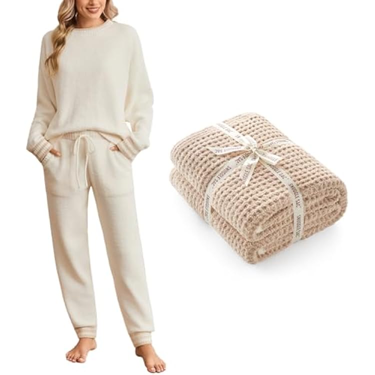 Snuggle Sac Waffle Throw Blanket and Cozy Pajamas for Women Set