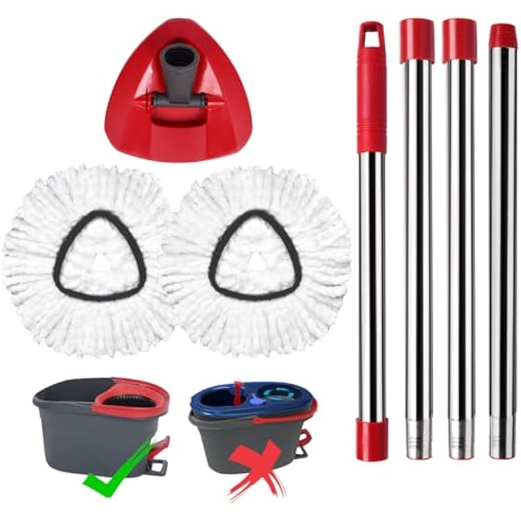 Mop Replace Heads Mop Handle Base Replacement Compatible with O Cedar EasyWring 1-Tank Spin Mops System, 2 Microfiber Mops Head Refills, 4-Section Handle 30-58in and 1 Cover SetNo Bucket