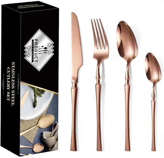 24 Piece Set of Flip Wooden Boxes, Gold and Silver Tableware, Gold-plated Stainless Steel Tableware, Mirror Polished Tableware That Can Be Cleaned In The Dishwasher (Rectangular box,rose gold)