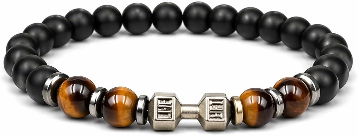 Kaplan Gözü Doğaltaş Erkek Bileklik, Dumbell Detaylı, Hematit Boncuk, Güç ve Odak Aksesuarı