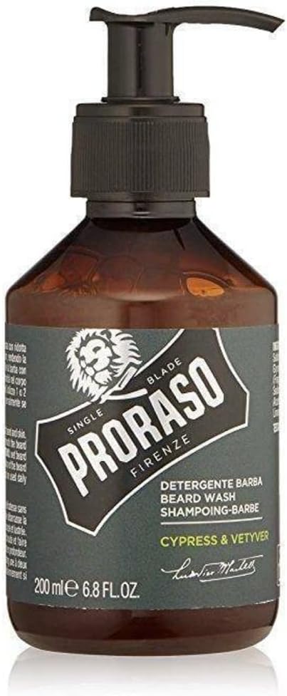 Proraso Cypress & Vetyver Sakal Şampuanı, kirleri gideren ve etkili bir şekilde temizleyen erkek sakal bakımı için profesyonel nemlendirici şampuan, 200 ml (1'li Paket)