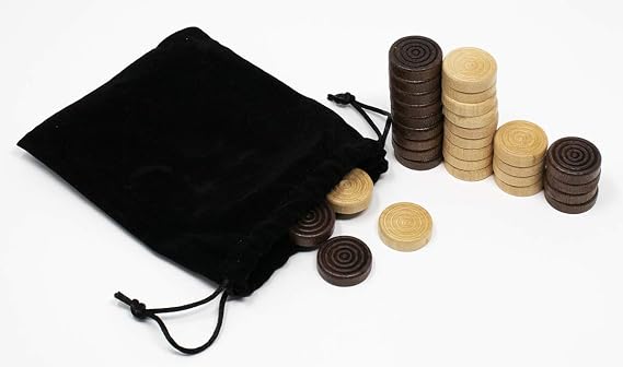 DA VINCI Solid Wood Backgammon and Checkers Pieces 30 Replacement Ridged Game Chips with Cloth Storage Bag (1 Inch Diameter)