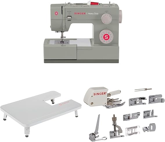 SINGER | Heavy Duty 4452 Sewing Machine, Gray & Mechanical Heavy Duty Sewing Machines Extension Table, Gray & Sewing Machine Accessory Kit, Including 9 Presser Feet, Twin Needle, and Case, Clear