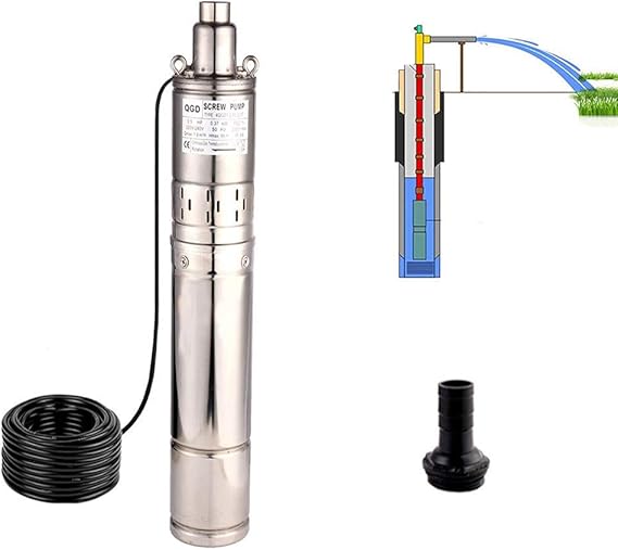 1/2HP Stainless Steel 4" OD Pipe Submersible Bore Pump 1inch Outlet Water Pump 86M Head Deep Well Pump Screw Submersible Water Pump for Industrial and Home Use, 220V/50Hz